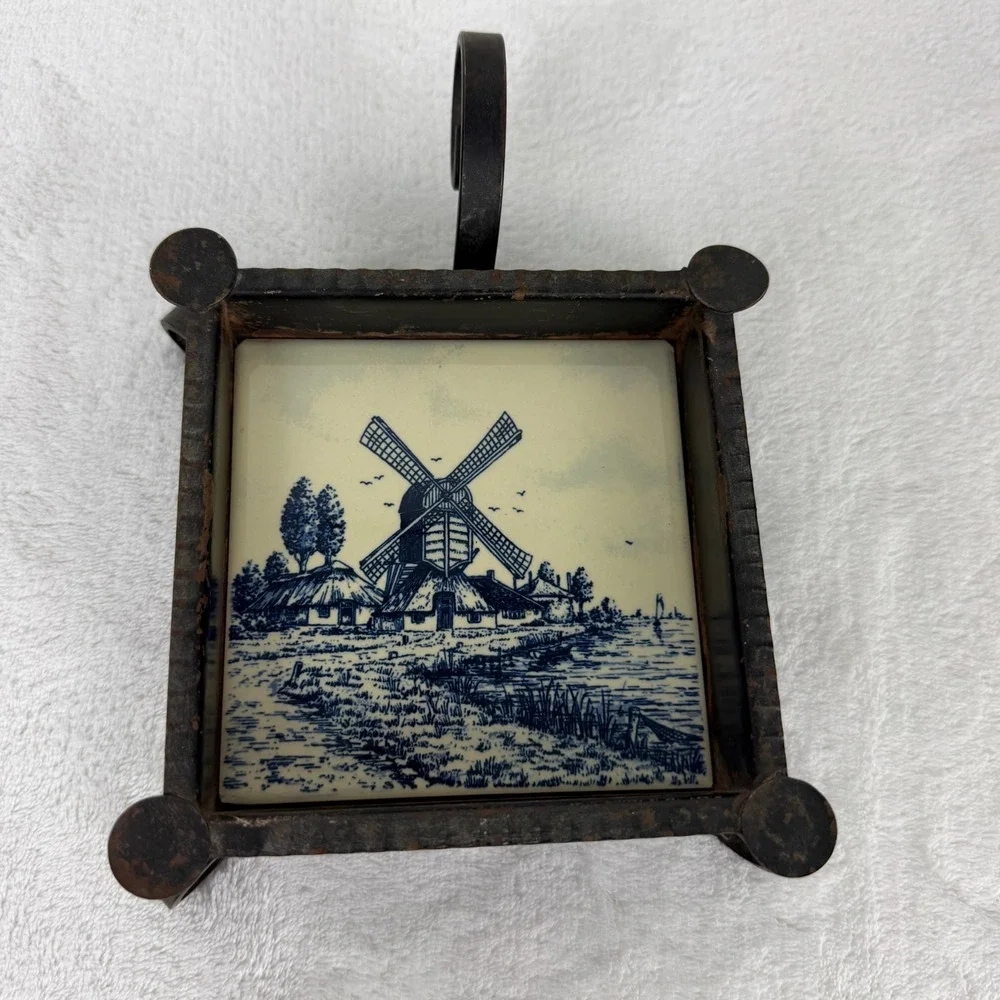 Vintage Delft Blue Hand Painted Windmill Tile Wrought Iron Footed Ashtray‎